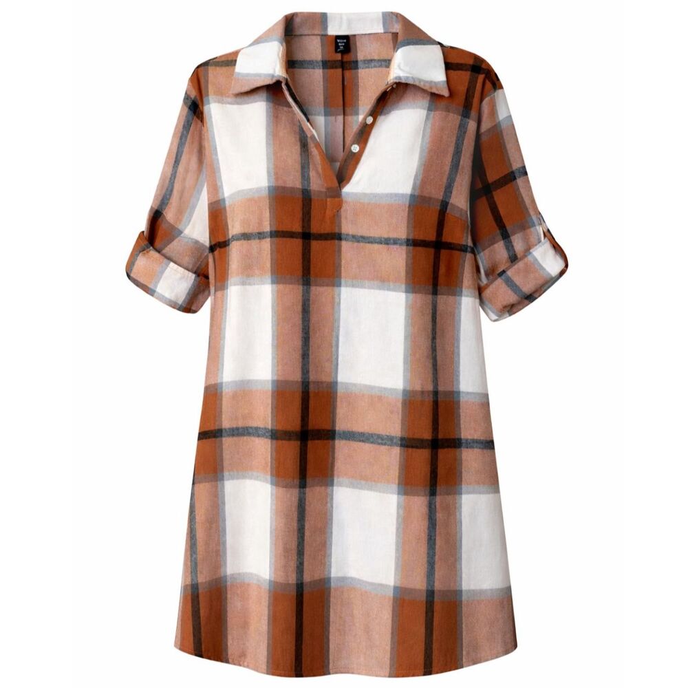 SHEIN CURVE PLAID ROLL TAB UNLINED COLLARED CASUAL CLASSIC EVERYDAY CAREER DRESS